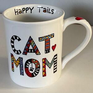 Cat Mom Mug Ceramic Lorrie Veasey Coffee Cup White Happy Tails EUC Artsy Art